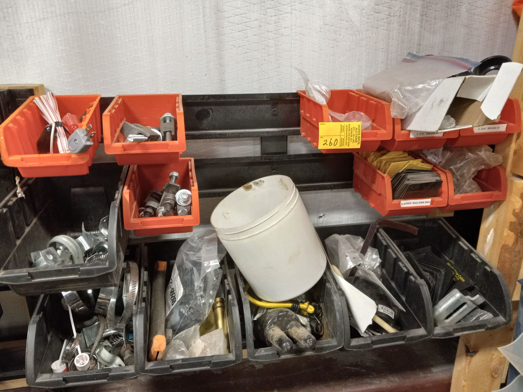 LG. LOT OF STORAGE BOXES ON WALL RACK, BINS & RACK, COMPLETE W/CONTENTS