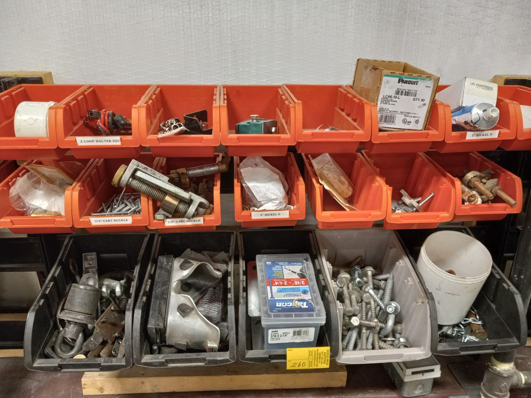 LG. LOT OF STORAGE BOXES ON WALL RACK, BINS & RACK, COMPLETE W/CONTENTS