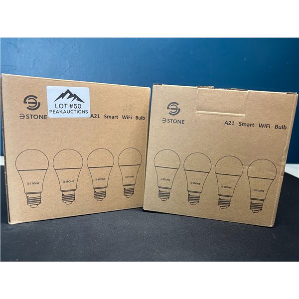 Lot of 2 Multi-Packs of E-Stone A21 Smart Wifi LED Light Bulbs - 4 Per Box/8 Smart Bulbs Total!