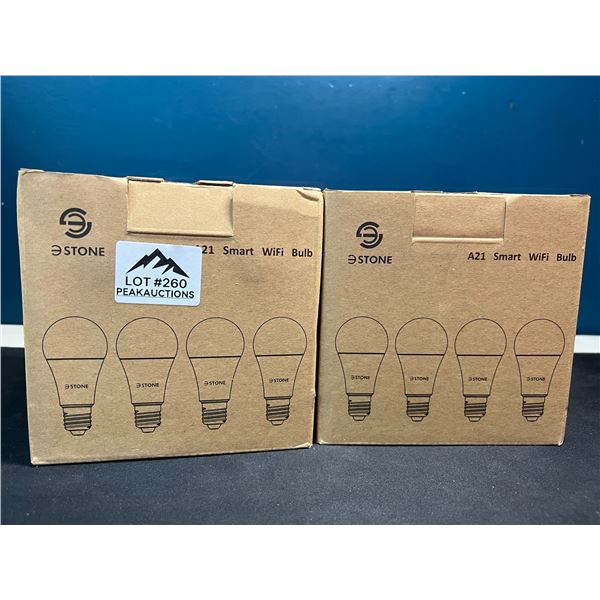Lot of 2 Multi-Packs of E-Stone A21 Smart Wifi LED Light Bulbs - 4 Per Box/8 Smart Bulbs Total!