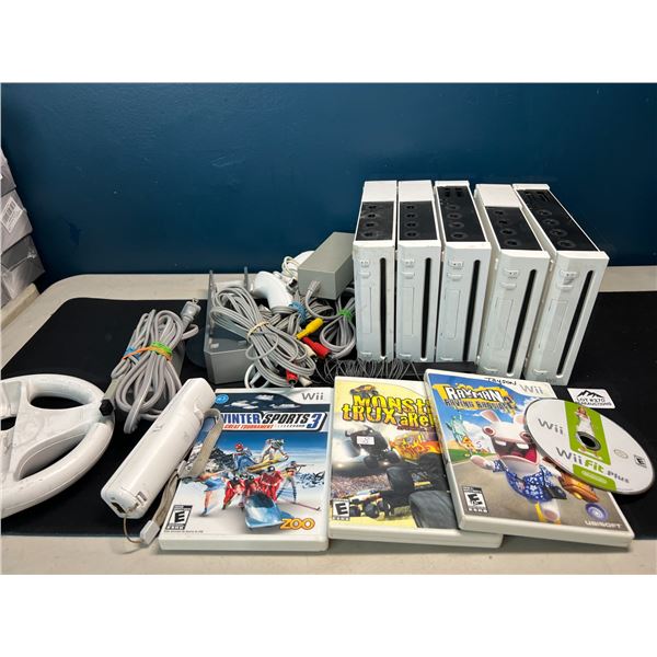 Lot of 5 Nintendo Wii Consoles w/ Cords, Controllers, Accessories, and 4 Games - Used
