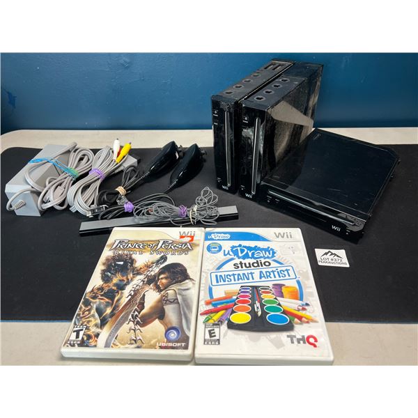 Lot of 3 Nintendo Wii Consoles w/ Cords, Nunchuks, & 2 Games - Used