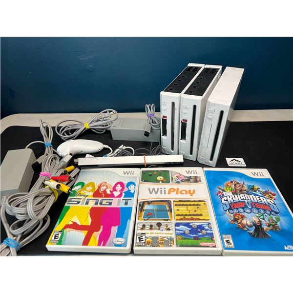 Lot of 3 Nintendo Wii Consoles w/ Cords, Nunchuk, & 3 Games - Used