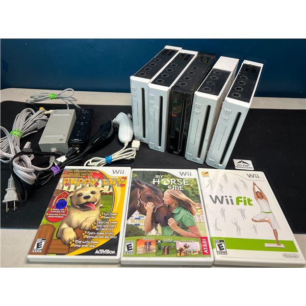 Lot of 5 Nintendo Wii Consoles w/ Cords, Nunchuk, & 3 Games - Used