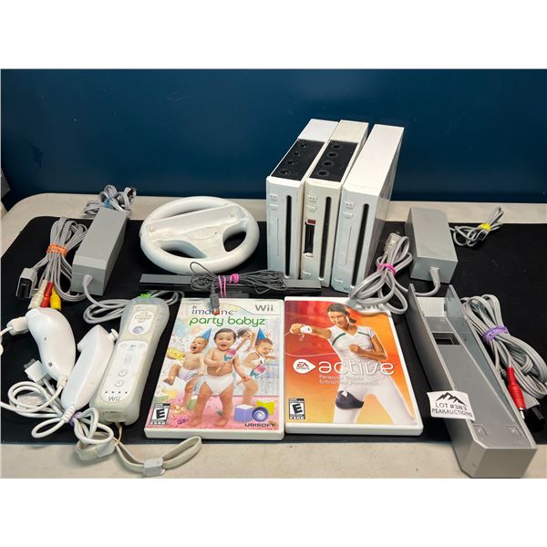 Lot of 3 Nintendo Wii Consoles w/ Cords, Controller, & 2 Games - Used