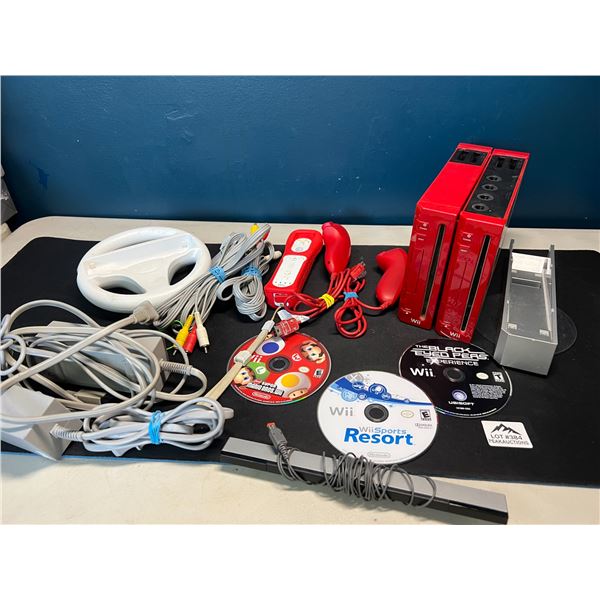 Lot of 2 Red Nintendo Wii Consoles w/ 3 Games, Cords, & Controller - Used
