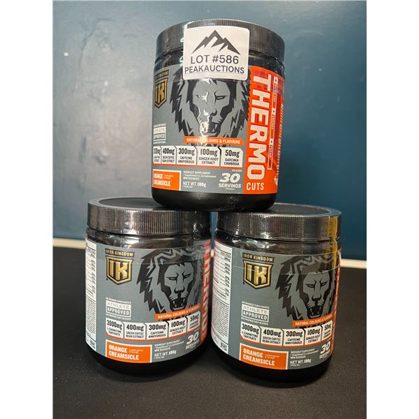 Lot of 3 Tubs of Iron Kingdom Thermo Cuts Workout Supplement Powder - Orange Creamsicle