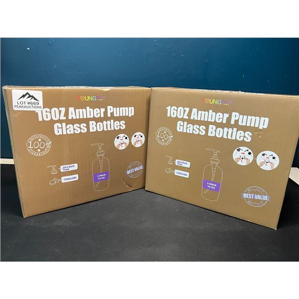 Lot of 2 Boxes of 16ox Amber Pump Glass Bottles - 3 per box