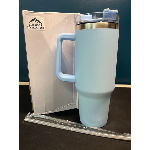 Lot of 1 Tall 40oz Stainless Steel Insulated Tumbler Mug with Handle & Straw - Light Blue