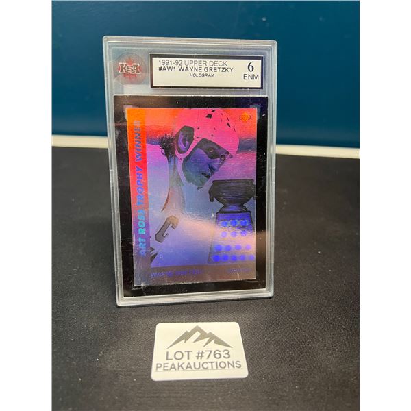Lot of 1 1991-92 Upper Deck #AW1 Wayne Gretzky Holo-Art Ross Trophy Hockey Card - Graded KSA 6