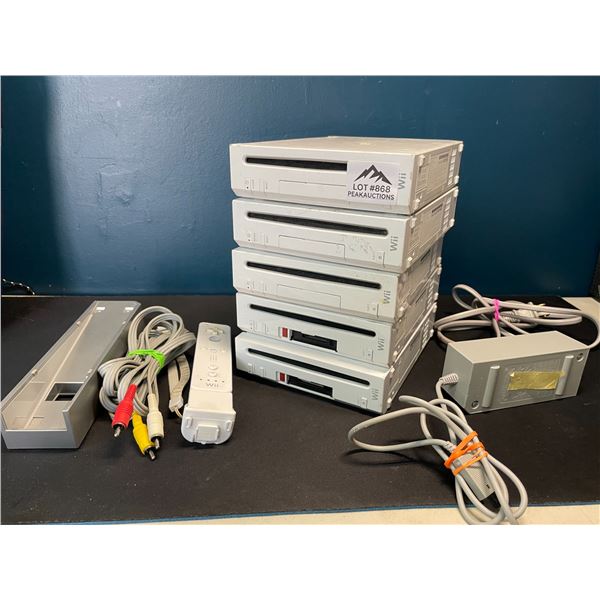Lot of 5 Nintendo Wii Consoles w/ Cords, Stand, & Controller - Used