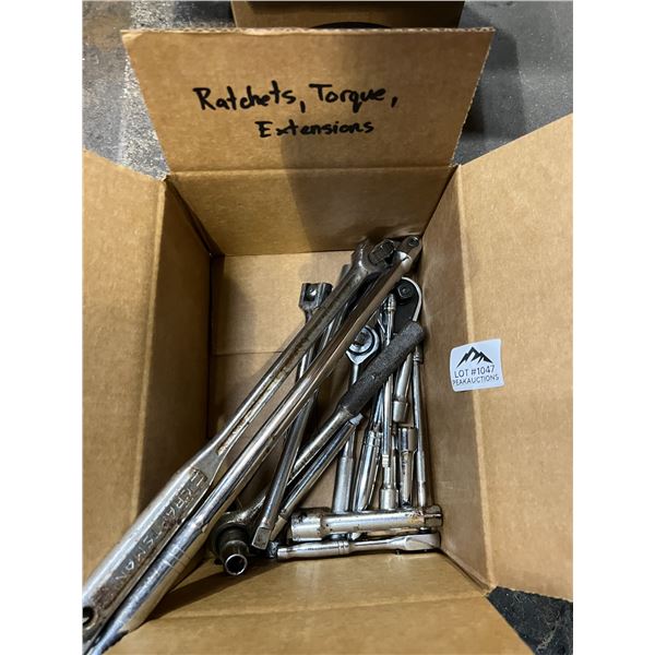 Lot of 1 Box of Assorted Ratchets, Torque Wrenches & Extensions - Used