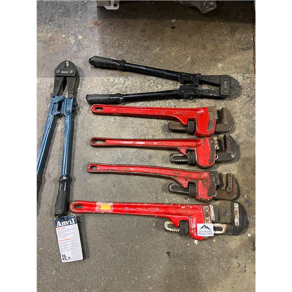 Lot of Assorted Pipe Wrenches & Bolt Cutters - Used