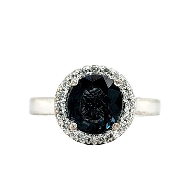 Blue-Green Spinel and Diamond Halo Ring