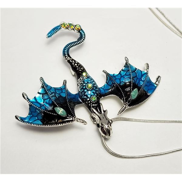 13)  SILVER TONE WITH BLACK AND BLUE ENAMEL DRAGON