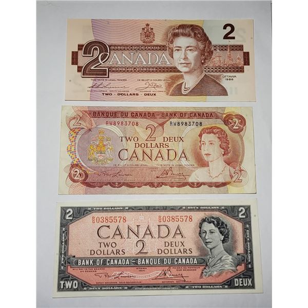 22)  LOT OF 3 CANADIAN $2.00 BANKNOTES, 1954/1974/