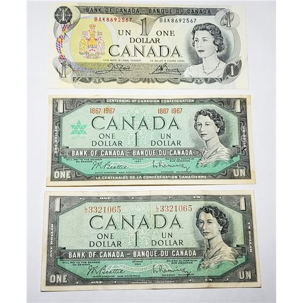 23)  LOT OF 3 CANADIAN $1.00 BANKNOTES, 1954/1967