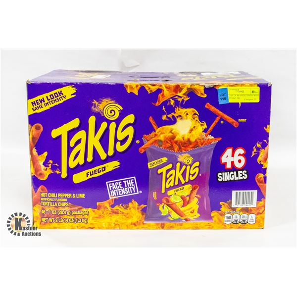NEW CASE OF 46 SINGLE BAGS WITH TAKIS FUEGO 28G