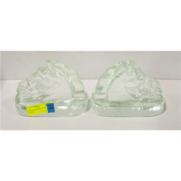 PAIR OF GLASS HORSE HEAD BOOKENDS