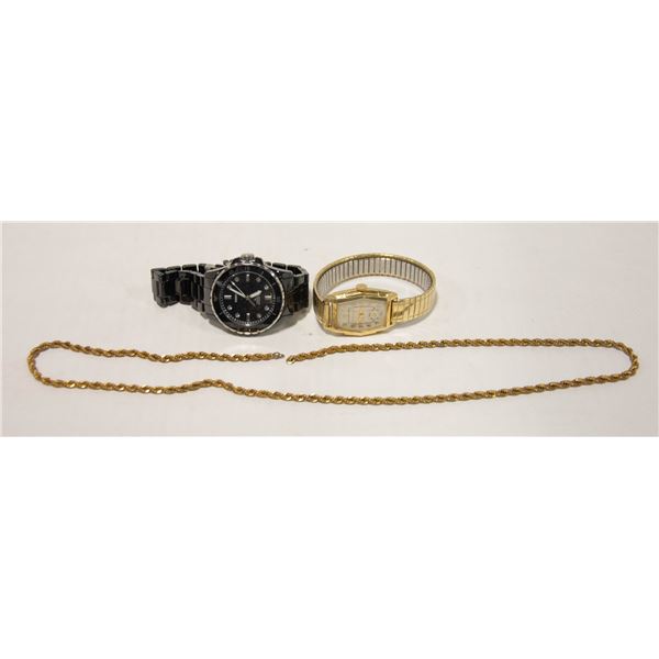 POLICE SEIZED: FLAT W. 2 WATCHES, GOLD TONE CHAIN