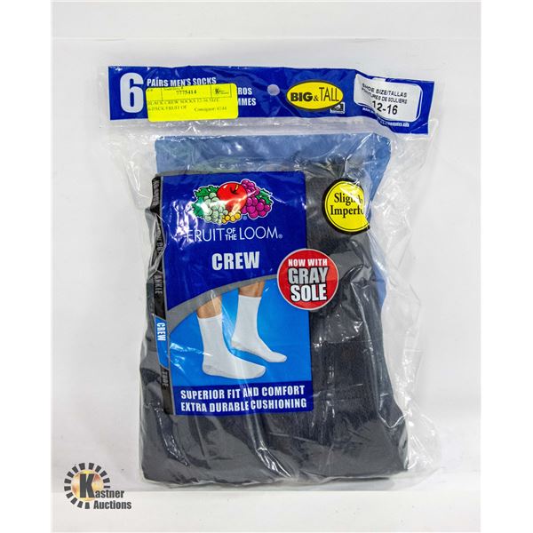 BLACK CREW SOCKS 12-16 SIZE 6-PACK FRUIT OF THE