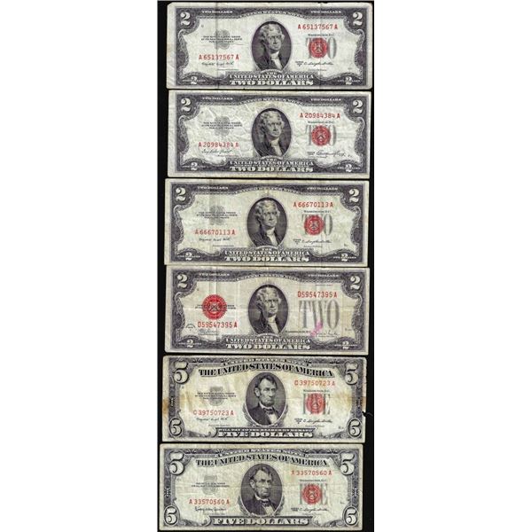 Lot of (6) Miscellaneous $2 & $5 Legal Tender Notes