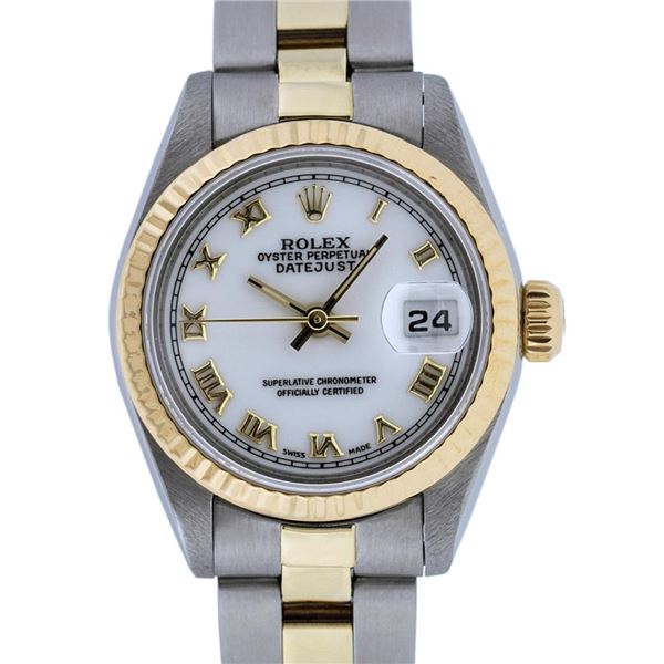 Rolex Ladies Two Tone White Roman Datejust Wristwatch