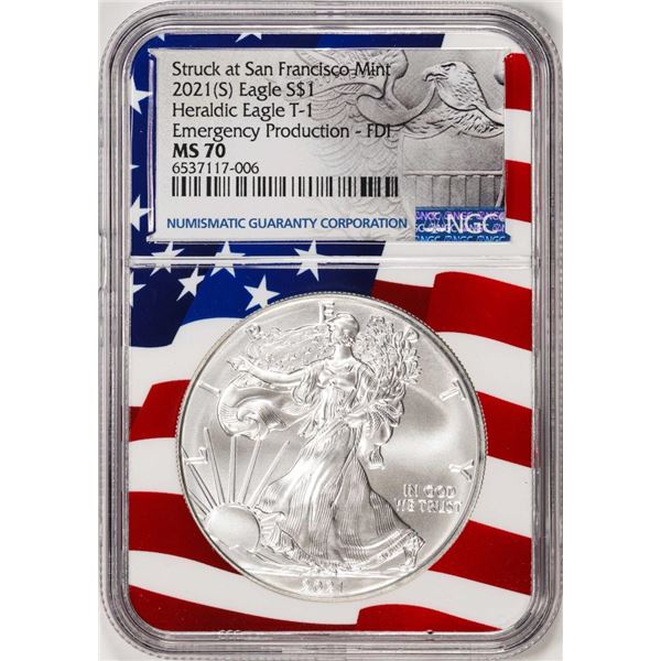 2021(S) Type 1 $1 American Silver Eagle Coin NGC MS70 FDI San Francisco Flag Core