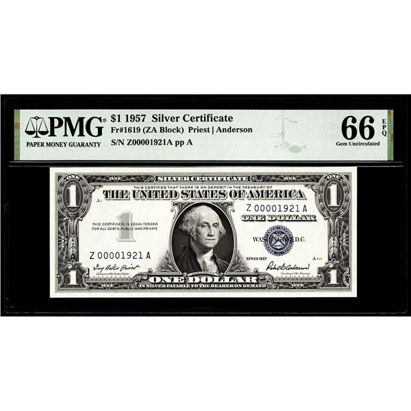 1957 $1 Silver Certificate Note Fr.1619 PMG Superb Gem Uncirculated 66EPQ Low Serial