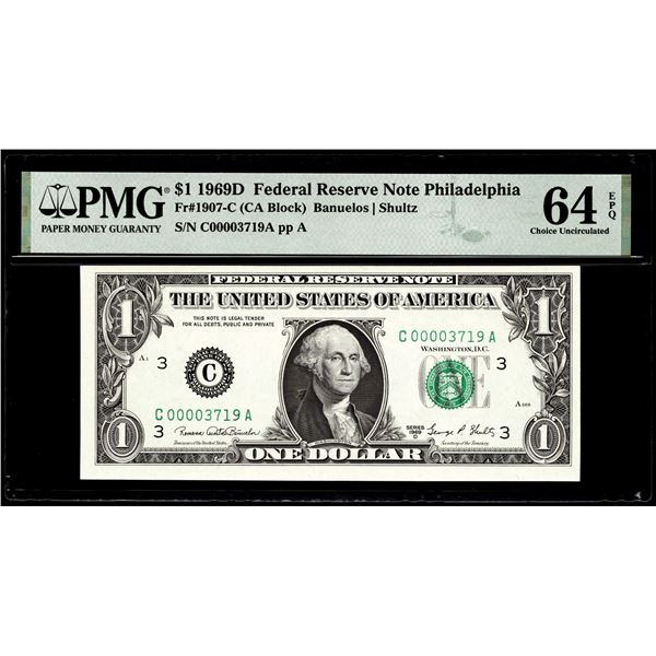 Low Serial # 1969D $1 Federal Reserve Note Fr.1907-C PMG Choice Uncirculated 64EPQ