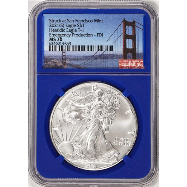 2021(S) Type 1 $1 American Silver Eagle Coin NGC MS70 FDI San Francisco Blue Core