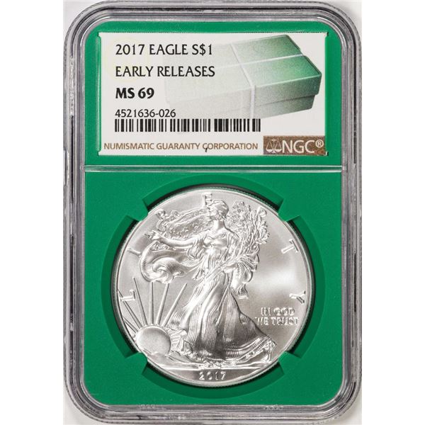 2017 $1 American Silver Eagle Coin NGC MS69 Early Releases Green Core