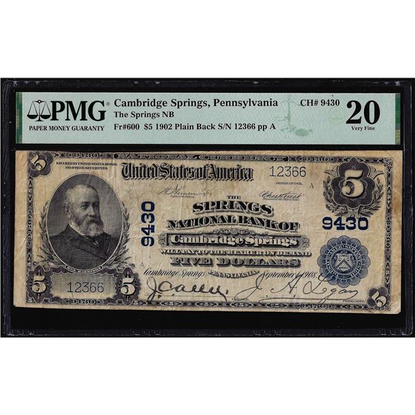 1902 $5 NB of Cambridge Springs, PA CH# 9430 National Currency Note PMG Very Fine 20