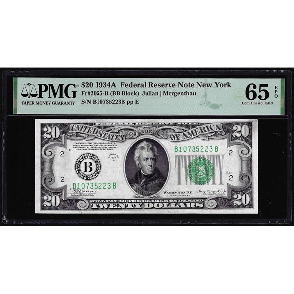 1934A $20 Federal Reserve Note New York Fr.2055-B PMG Gem Uncirculated 65EPQ