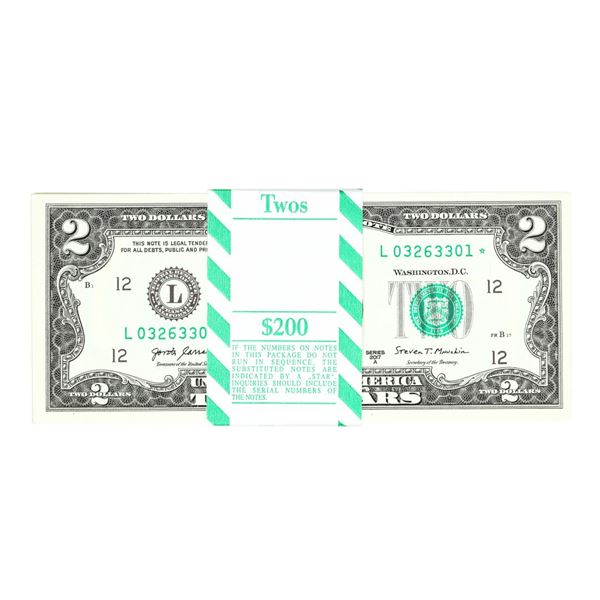 Pack of (100) Consecutive 2017A $2 Federal Reserve Star Notes San Francisco