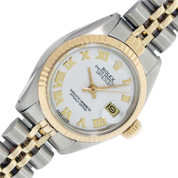 Rolex Ladies Two Tone White Roman Datejust Wristwatch