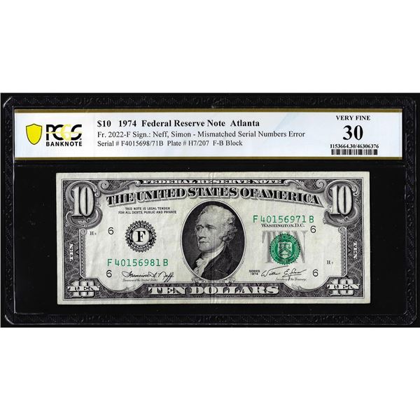 1974 $10 Federal Reserve Note Mismatched Serial Number Error Fr.2022-F PCGS Very Fine 30