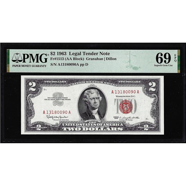 1963 $2 Legal Tender Note Fr.1513 PMG Superb Gem Uncirculated 69EPQ