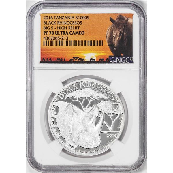 2016 Tanzania 1000 Shillings Black Rhino Big 5 HR Silver Coin NGC PF70 Ultra Cameo