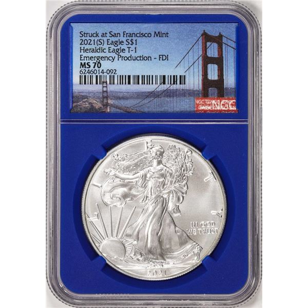 2021(S) Type 1 $1 American Silver Eagle Coin NGC MS70 FDI San Francisco Blue Core