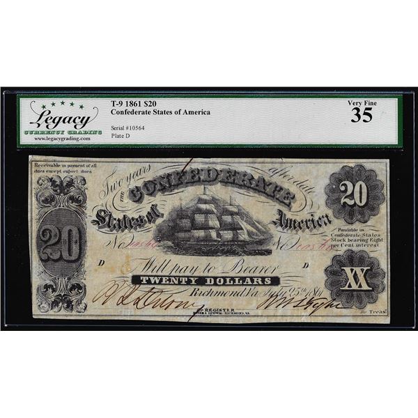 1861 $20 Confederate States of America Note T-9 Legacy Very Fine 35