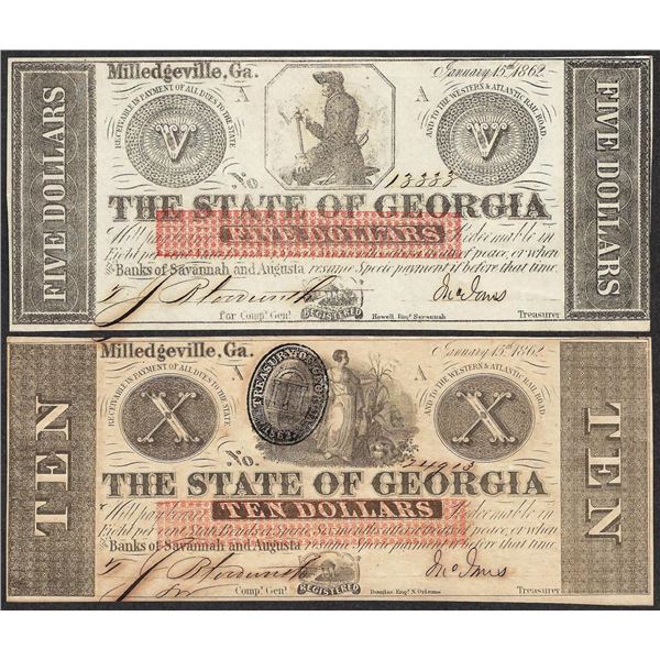 Lot of 1862 $5 & $10 The State of Georgia Obsolete Notes