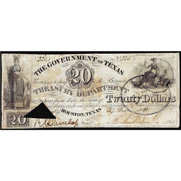 1838 $20 The Government of Texas Houston, TX Obsolete Bank Note Cut Canceled