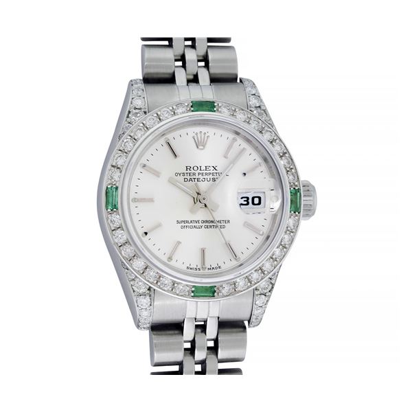 Rolex Ladies Stainless Steel Emerald and Diamond Datejust Wristwatch