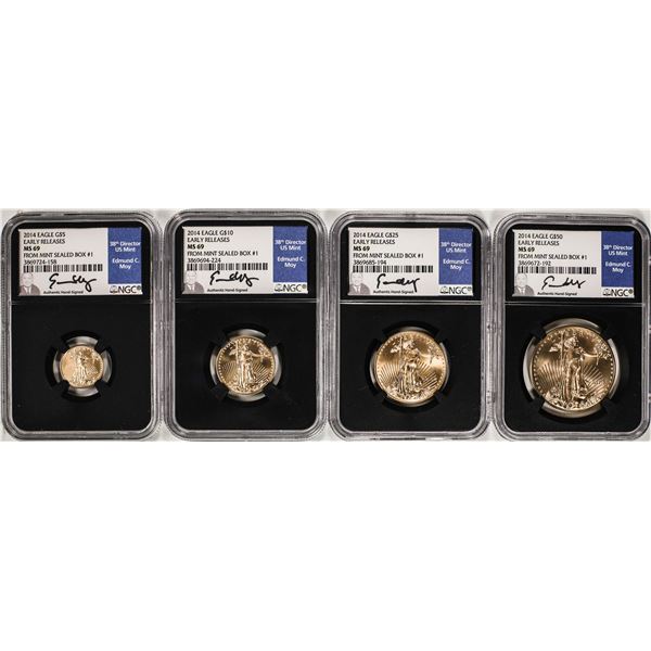 (4) Coin Set of 2014 American Gold Eagle NGC MS69 Early Releases Moy Signed Box #1