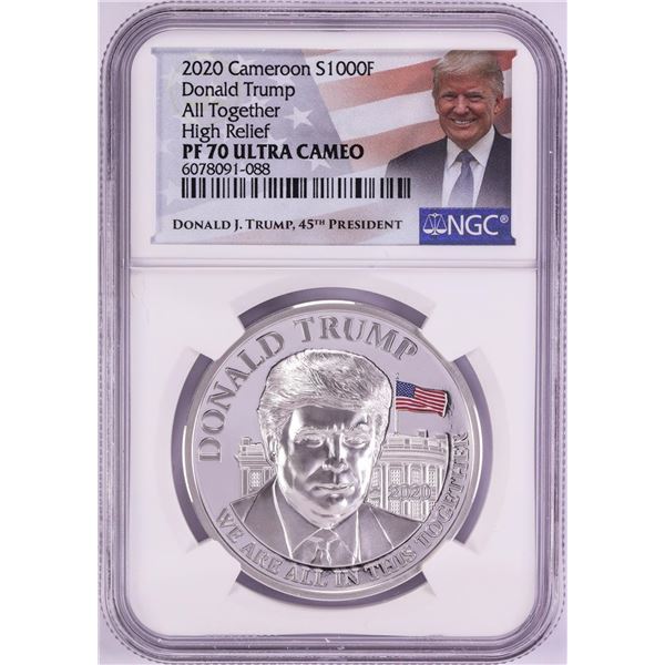 2020 Cameroon 1000 Francs High Relief Donald Trump Silver Coin NGC PF70 Ultra Cameo