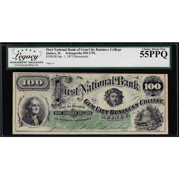 1873 $100 Gem City Business College Quincy IL Obsolete Note Legacy Ch. About New 55PPQ