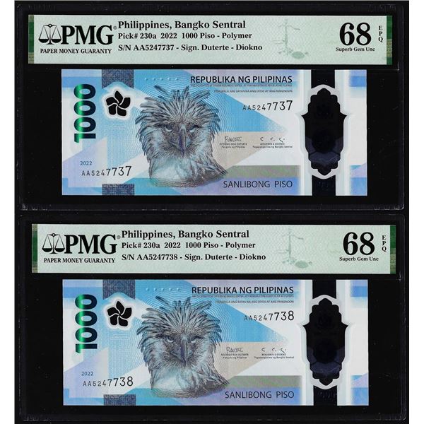 (2) Consecutive 2022 Philippines 1000 Piso Notes PMG Superb Gem Uncirculated 68EPQ