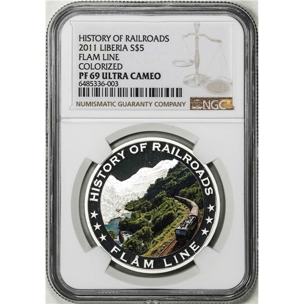 2011 Liberia $5 History of Railroads Flam Line Silver Coin NGC PF69 Ultra Cameo