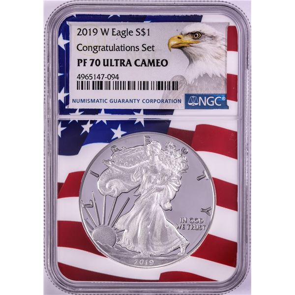 2019-W $1 Proof American Silver Eagle Coin NGC PF70 Ultra Cameo Congratulations Flag